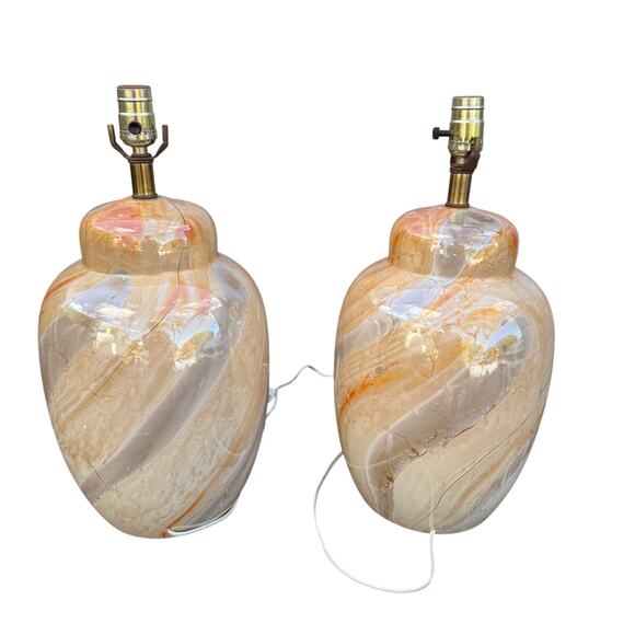 Vintage "Marble" Translucent Glazed Porcelain Table Lamps Pair of 2 Italy - Picture 4 of 8